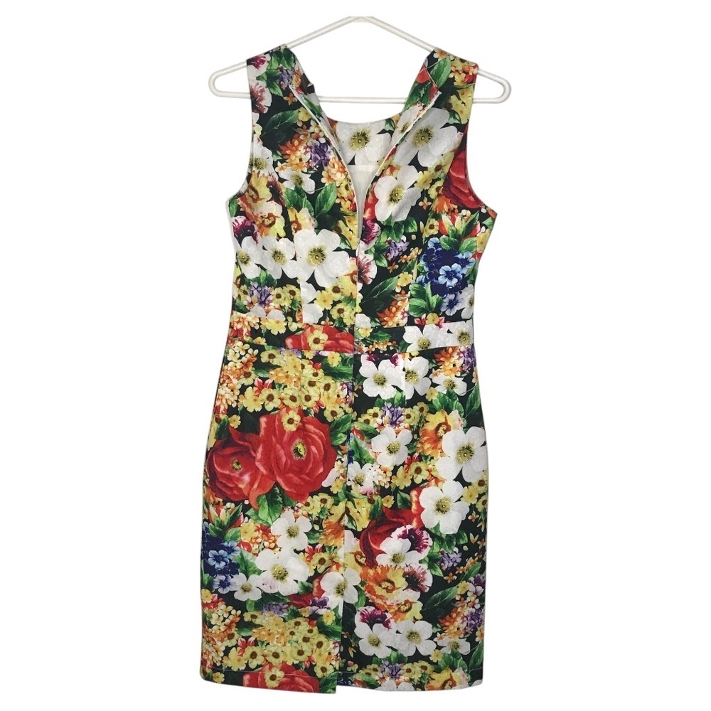 Rose Burg Sleeveless Floral Sheath Dress • Bright Multi-Color Garden Print